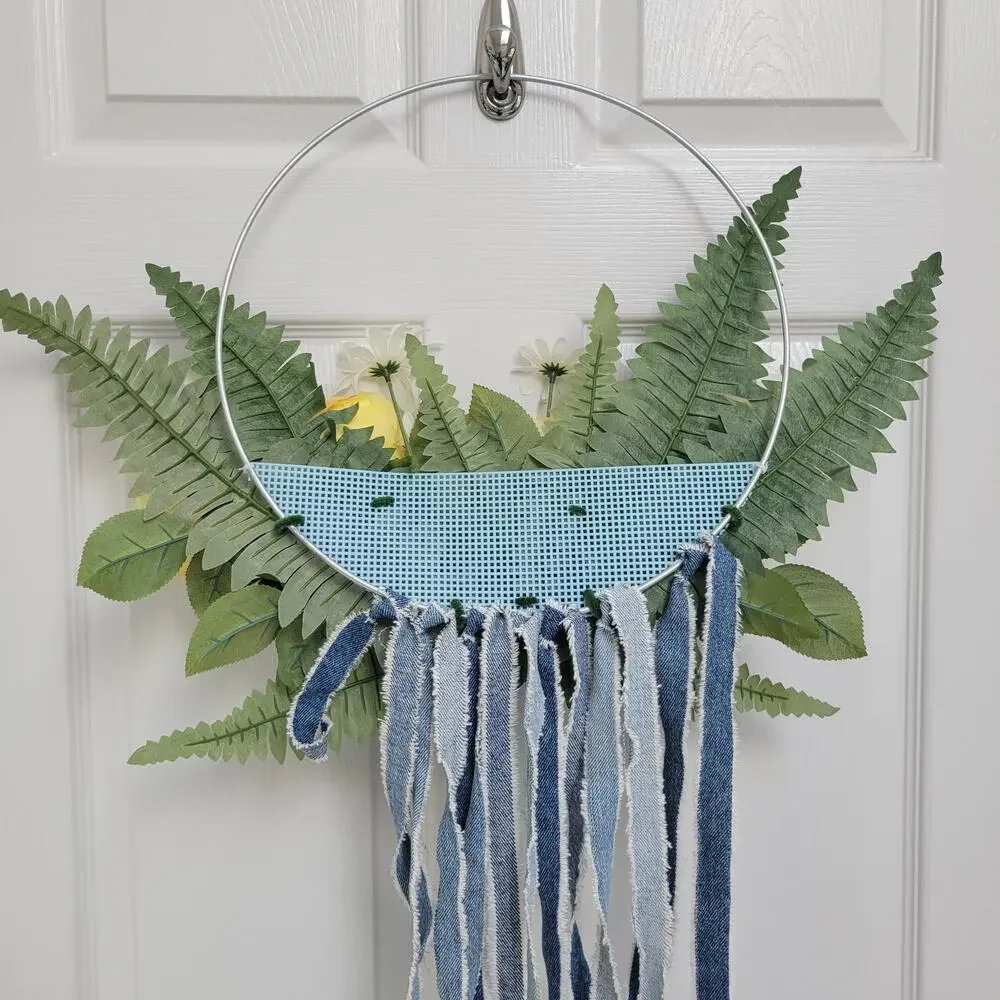 Galvanized Hoop Wreath with Yellow Roses, Daisies, Ferns & Denim Streamers